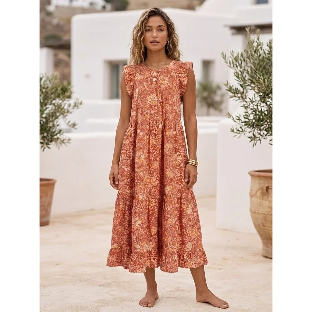 Universal Thread Floral Ruffle Maxi Dress Women XL Orange Red Tiered Sleeveless